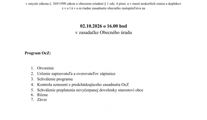 Aktuality / Pozvánka na zasadnutie Obecného zastupiteľstva 02.10.2026 - foto